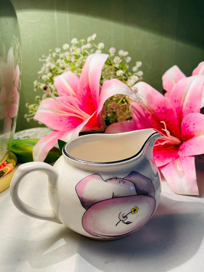 Vintage Arthur Wood White Pink Floral Ceramic Milk Jug Black Rim 10 cm