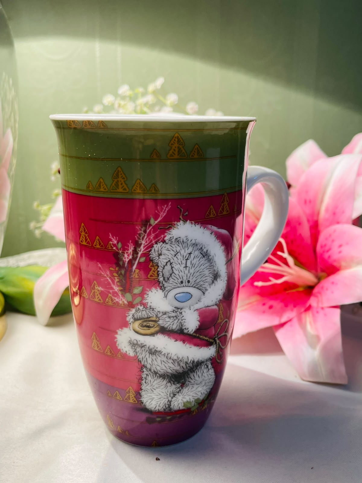 Tatty Teddy Pink Green Ceramic Tall Mug 13 cm