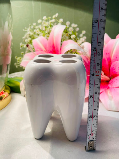 Tooth-Shaped White Ceramic Toothbrush Holder 11 cm
