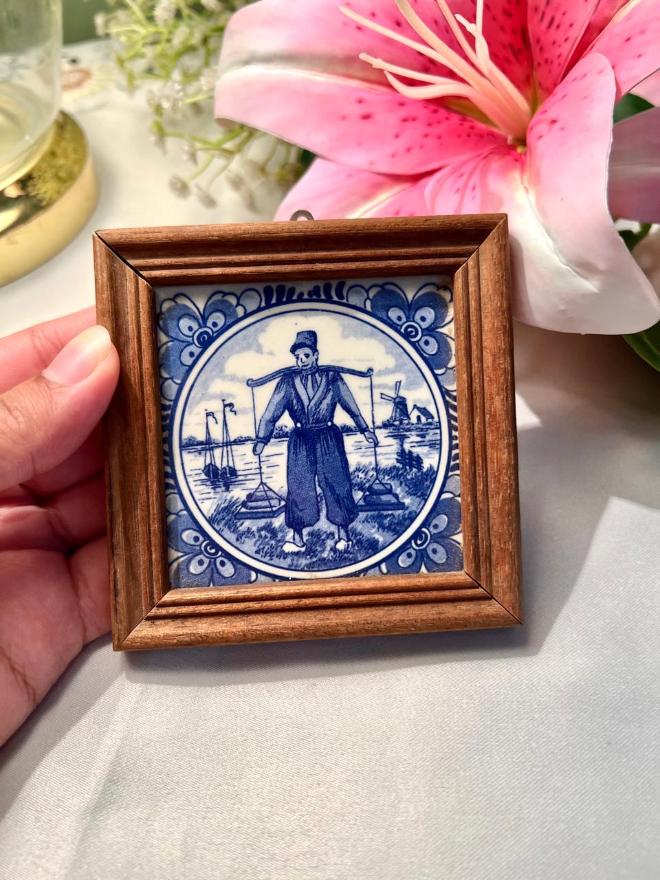 Blue & White Framed Artwork in Wooden Frame Approx. 9.5 cm