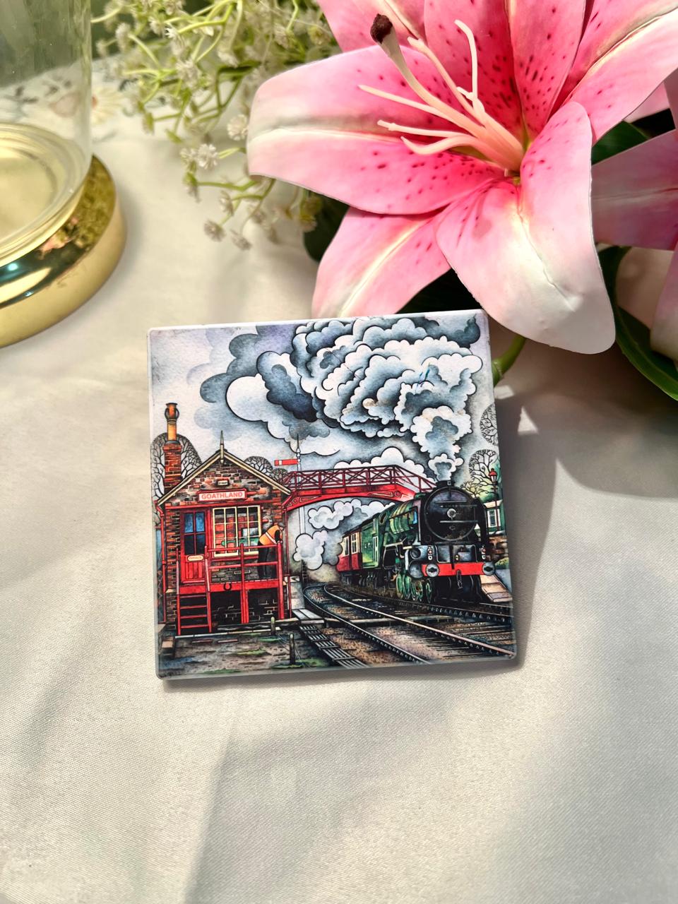 Hand painted Goathland Railway Scene Decorative Tile Approx. 9.5 cm