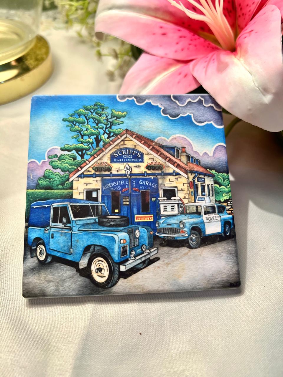 Aidensfield Police & Scripps Scene Decorative hand painted Tile Approx. 9.5 cm