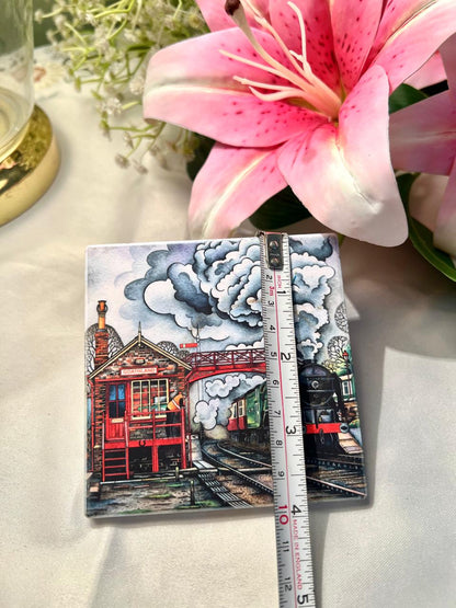 Hand painted Goathland Railway Scene Decorative Tile Approx. 9.5 cm
