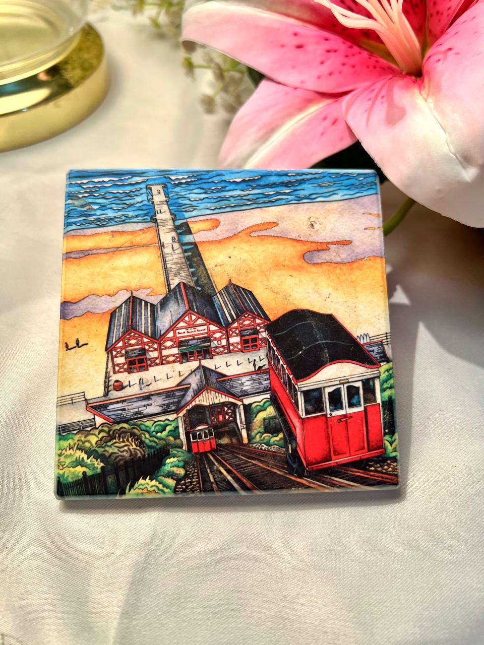 Hand painted Funicular Railway Scene Decorative Tile Approx. 9.5 cm
