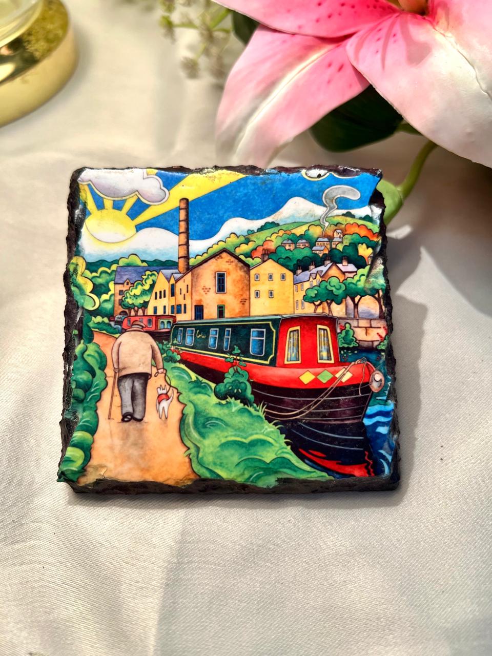 Hand painted Canal Boat Village Scene Decorative Plaque Approx. 9 cm