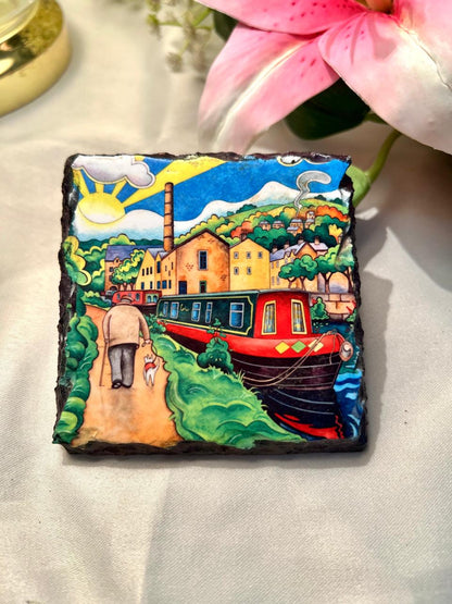 Hand painted Canal Boat Village Scene Decorative Plaque Approx. 9 cm