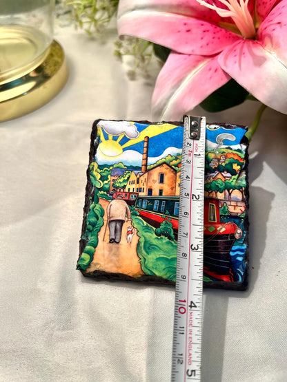 Hand painted Canal Boat Village Scene Decorative Plaque Approx. 9 cm