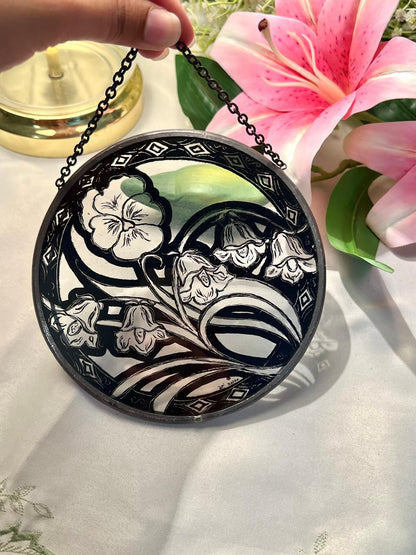 Black & White Floral Crystal Hanging Plaque Approx. 15 cm