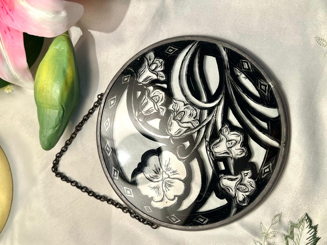 Black & White Floral Crystal Hanging Plaque Approx. 15 cm