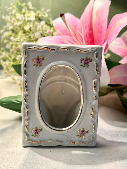 Floral Ceramic Photo Frame Pink Roses & Gold Trim 10cm