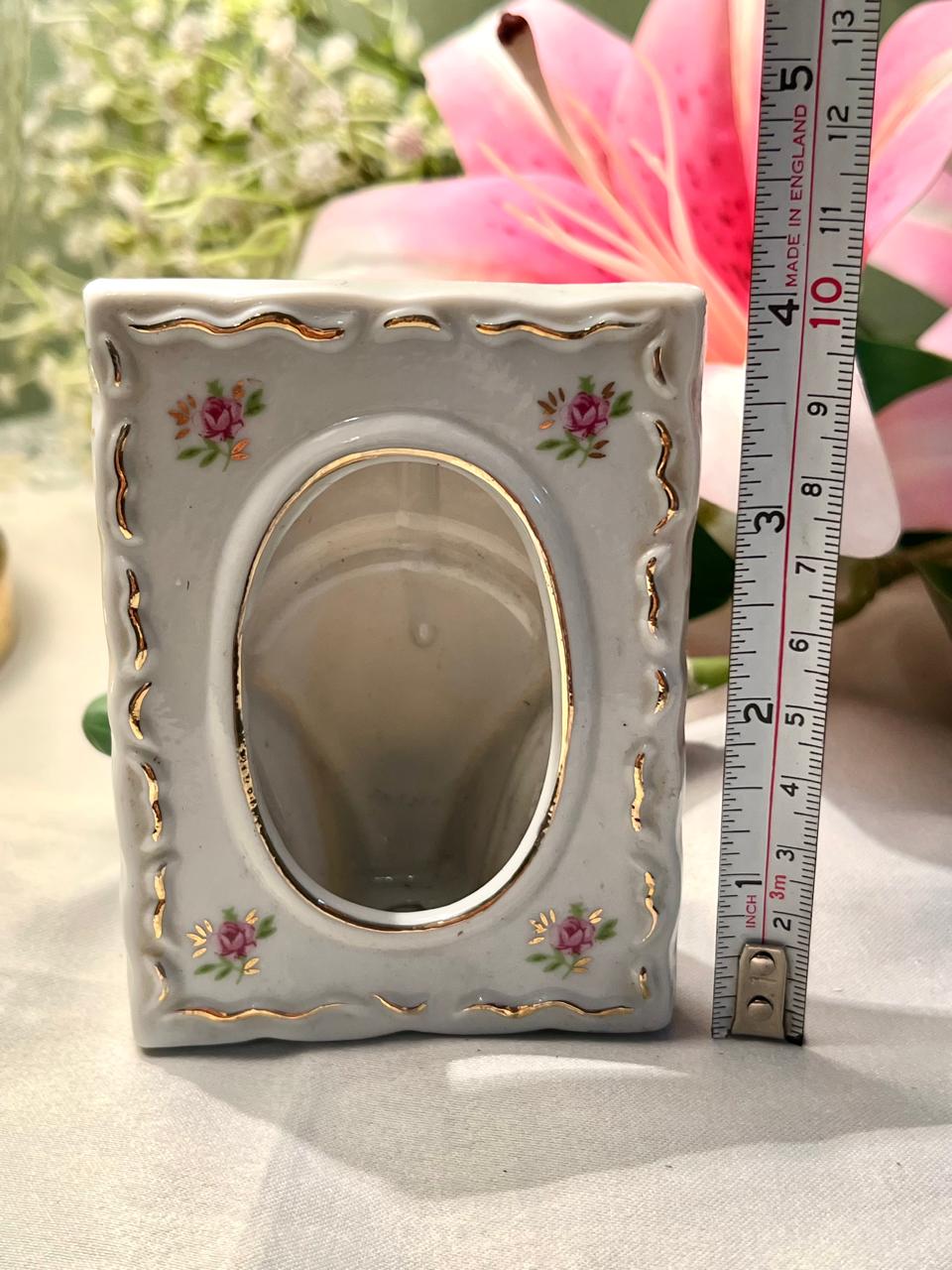 Floral Ceramic Photo Frame Pink Roses & Gold Trim 10cm
