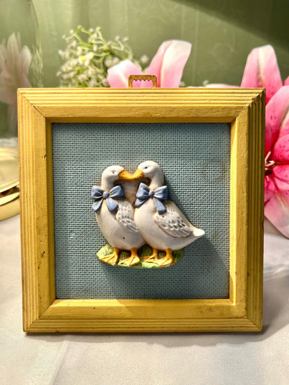 Framed Duck Couple Wall Plaque, Blue & Gold, Approx. 6.5 in