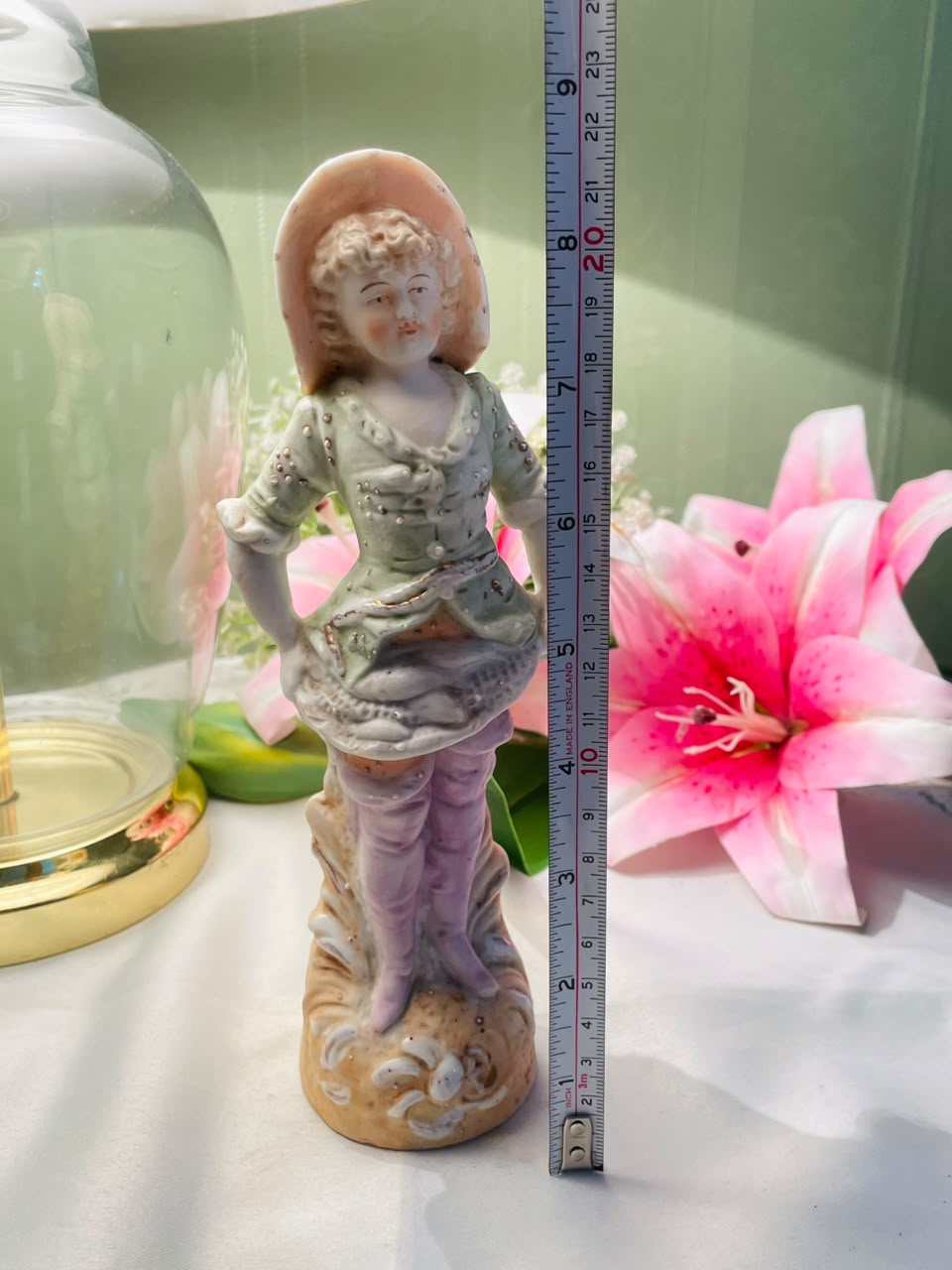 Vintage Porcelain Lady Figurine Bonnet Pastel Dress 21 cm