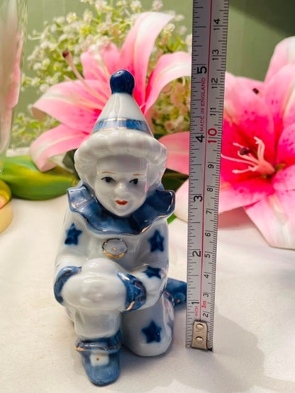 Vintage Blue & White Porcelain Clown Figurine 12 cm