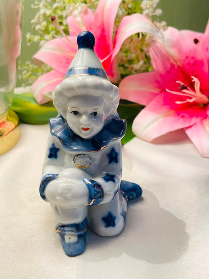 Vintage Blue & White Porcelain Clown Figurine 12 cm