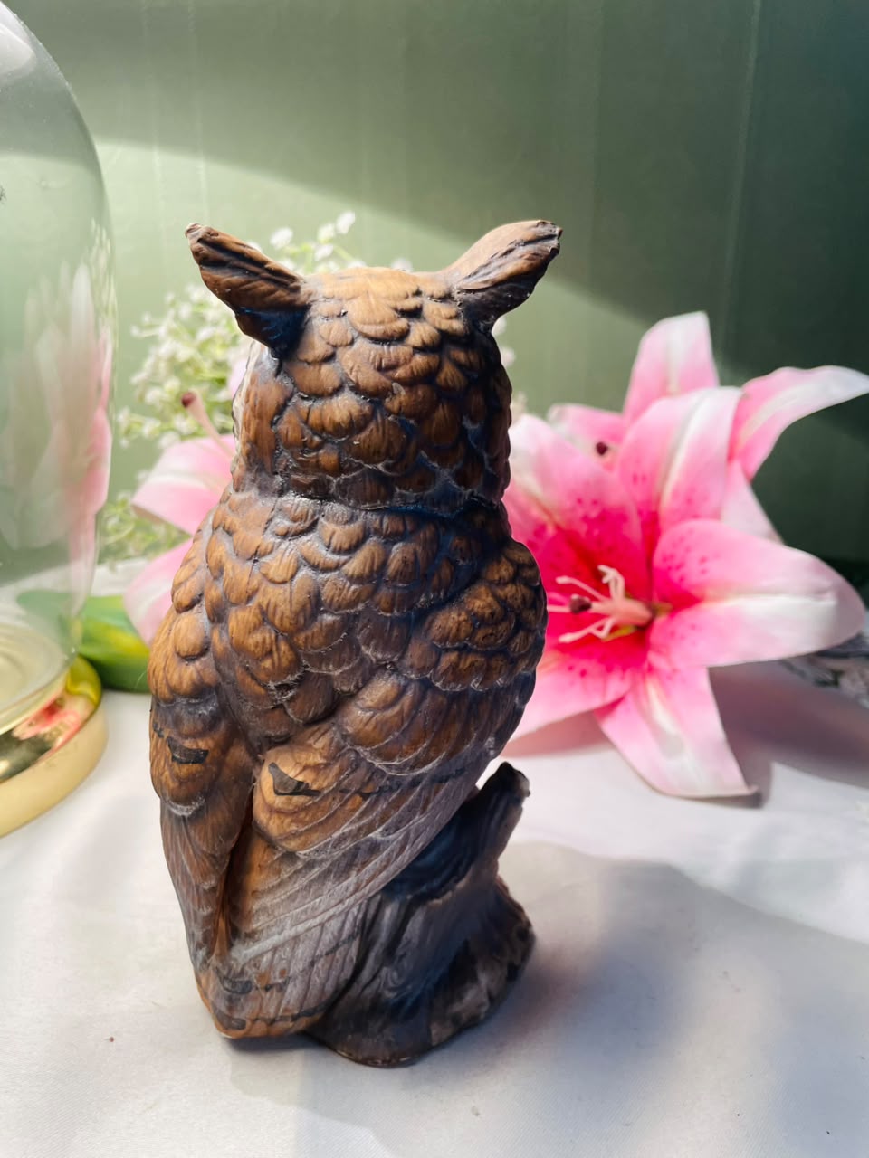 Vintage Owl Figurine on Tree Stump 16 cm