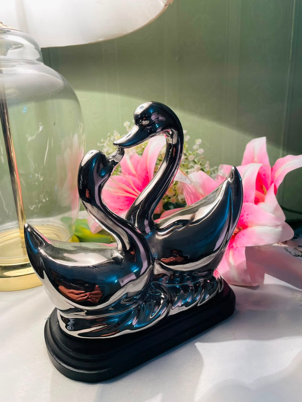 Pair of Ducks Decorative Figurine Silver-Tone & Black 7.5 Inch