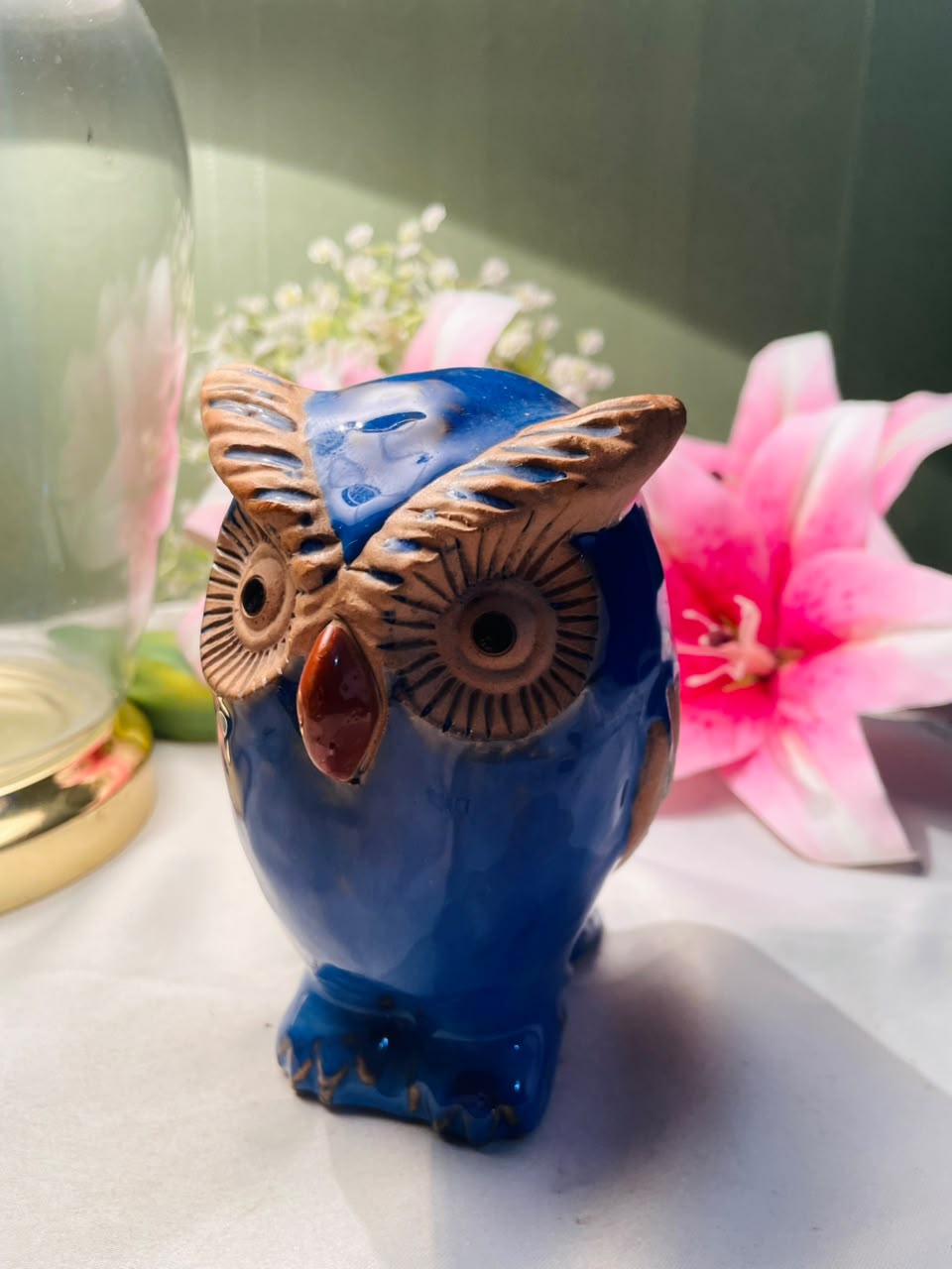 Blue Ceramic Owl Figurine Decorative Ornament 13 cm