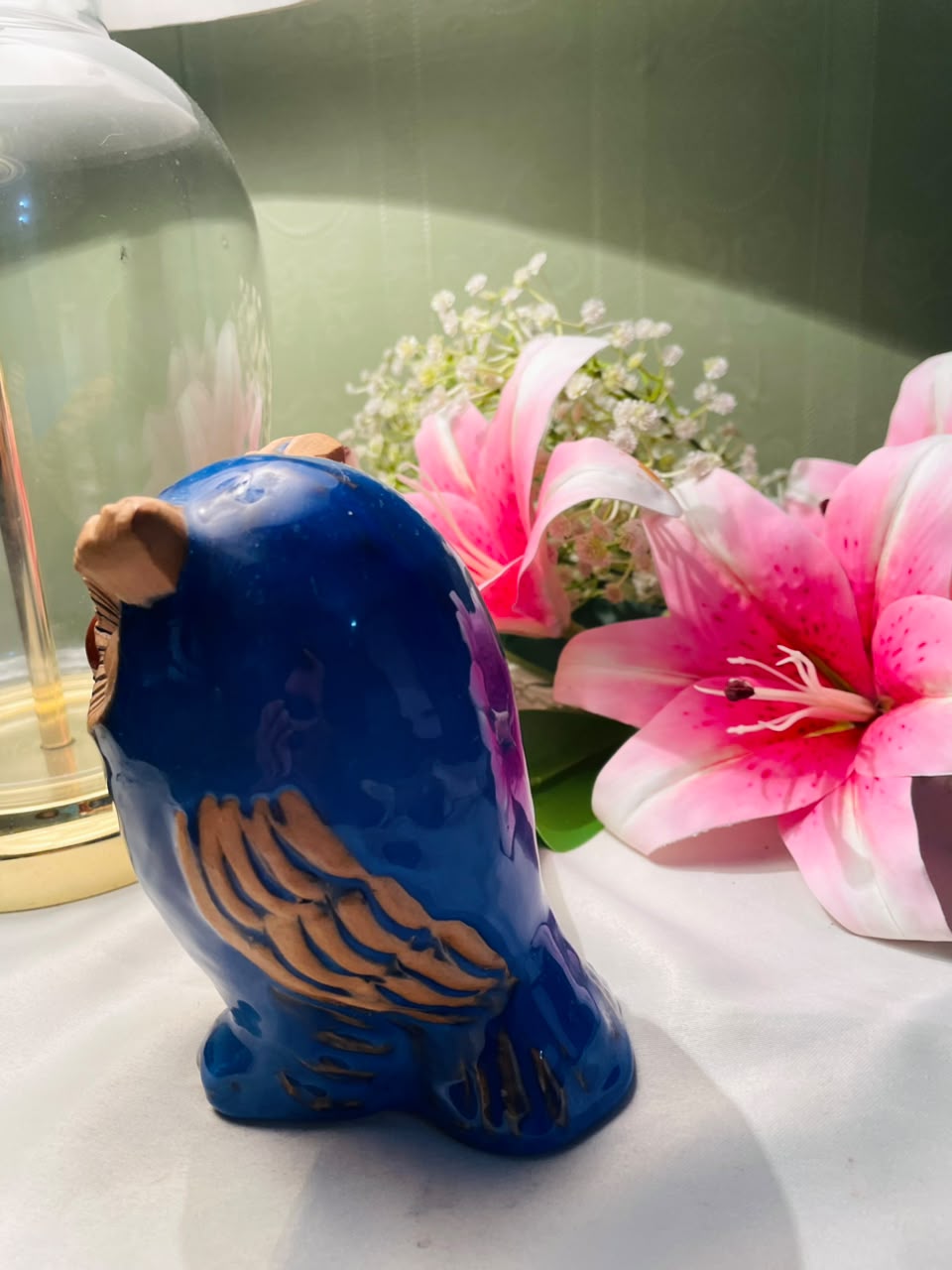 Blue Ceramic Owl Figurine Decorative Ornament 13 cm