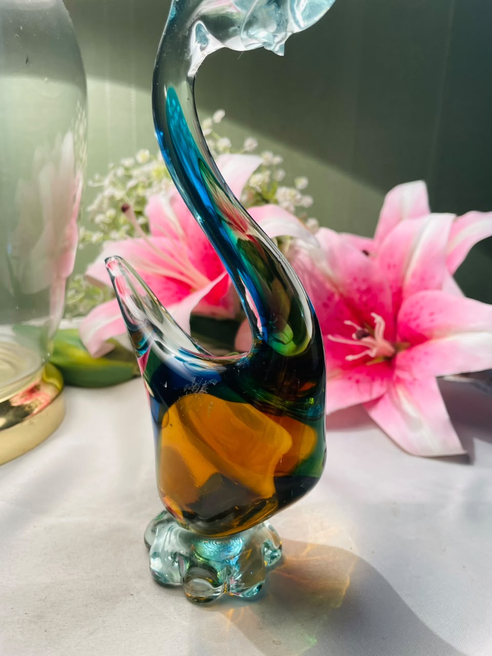 Multicolour Art Glass Swan Figurine 21 cm