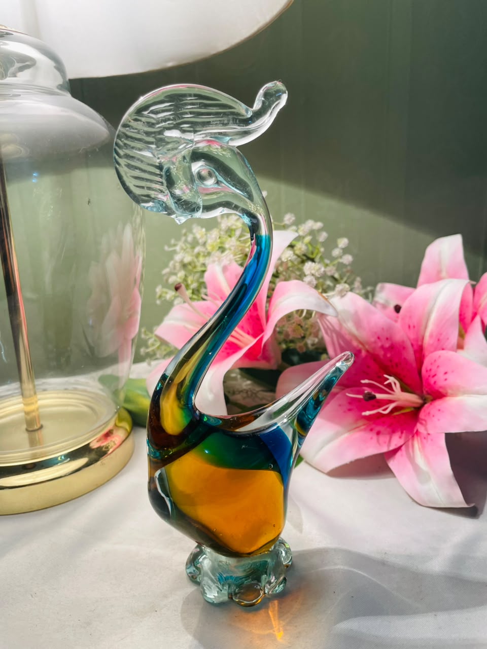 Multicolour Art Glass Swan Figurine 21 cm