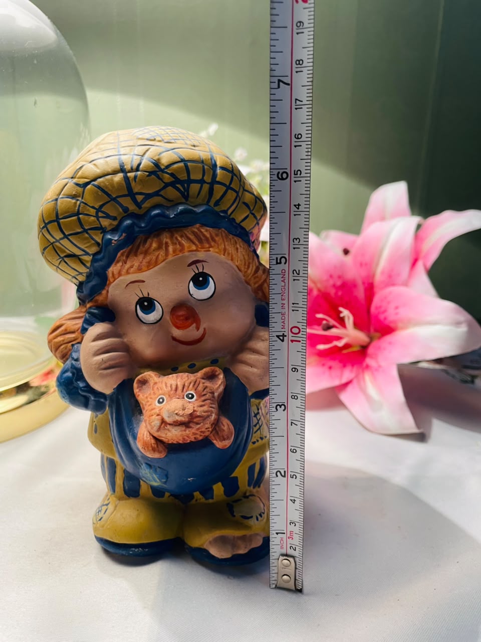Vintage Girl with Cat Figurine Yellow Blue 15 cm