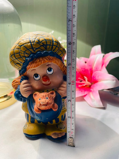 Vintage Girl with Cat Figurine Yellow Blue 15 cm