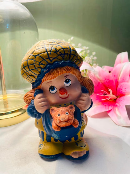 Vintage Girl with Cat Figurine Yellow Blue 15 cm