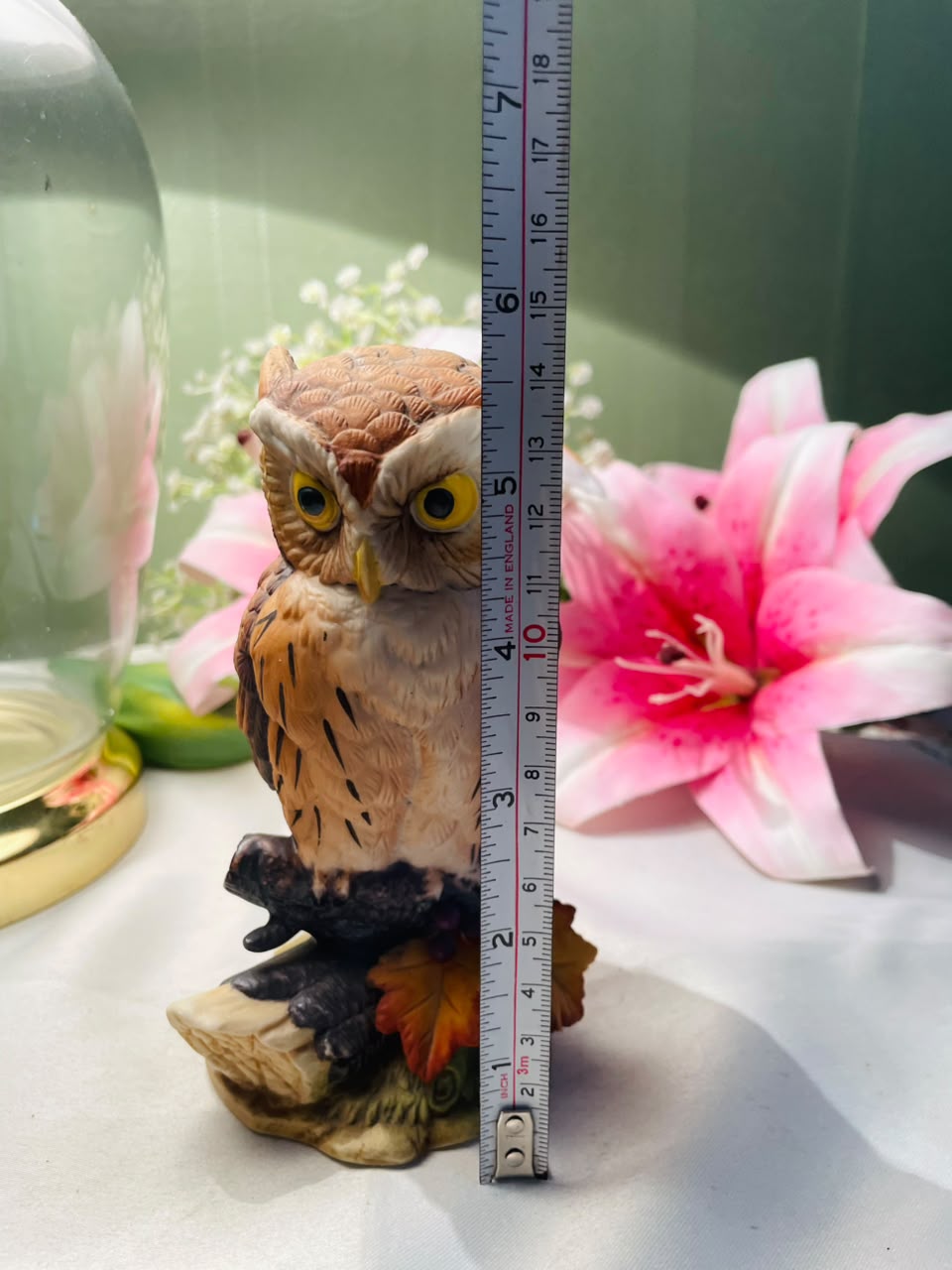 Realistic Owl Figurine on Branch Autumn Leaves 14 cm