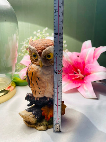 Realistic Owl Figurine on Branch Autumn Leaves 14 cm