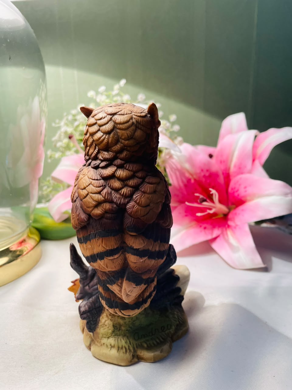 Realistic Owl Figurine on Branch Autumn Leaves 14 cm