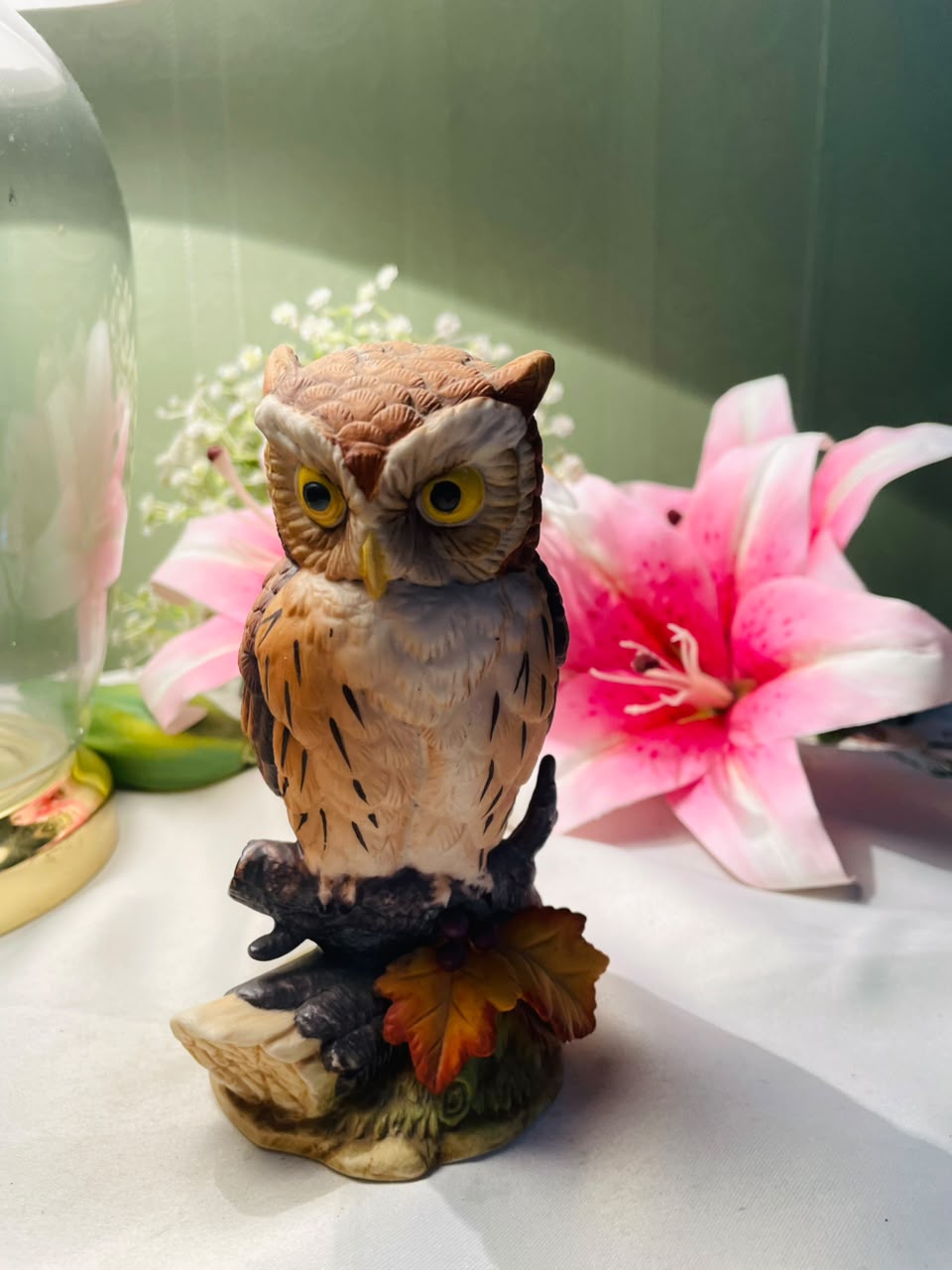 Realistic Owl Figurine on Branch Autumn Leaves 14 cm