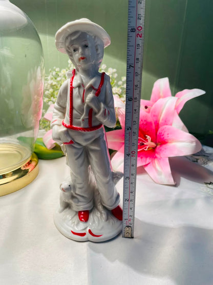 Boy with Dog Decorative Figurine White & Red Approx. 8 Inch