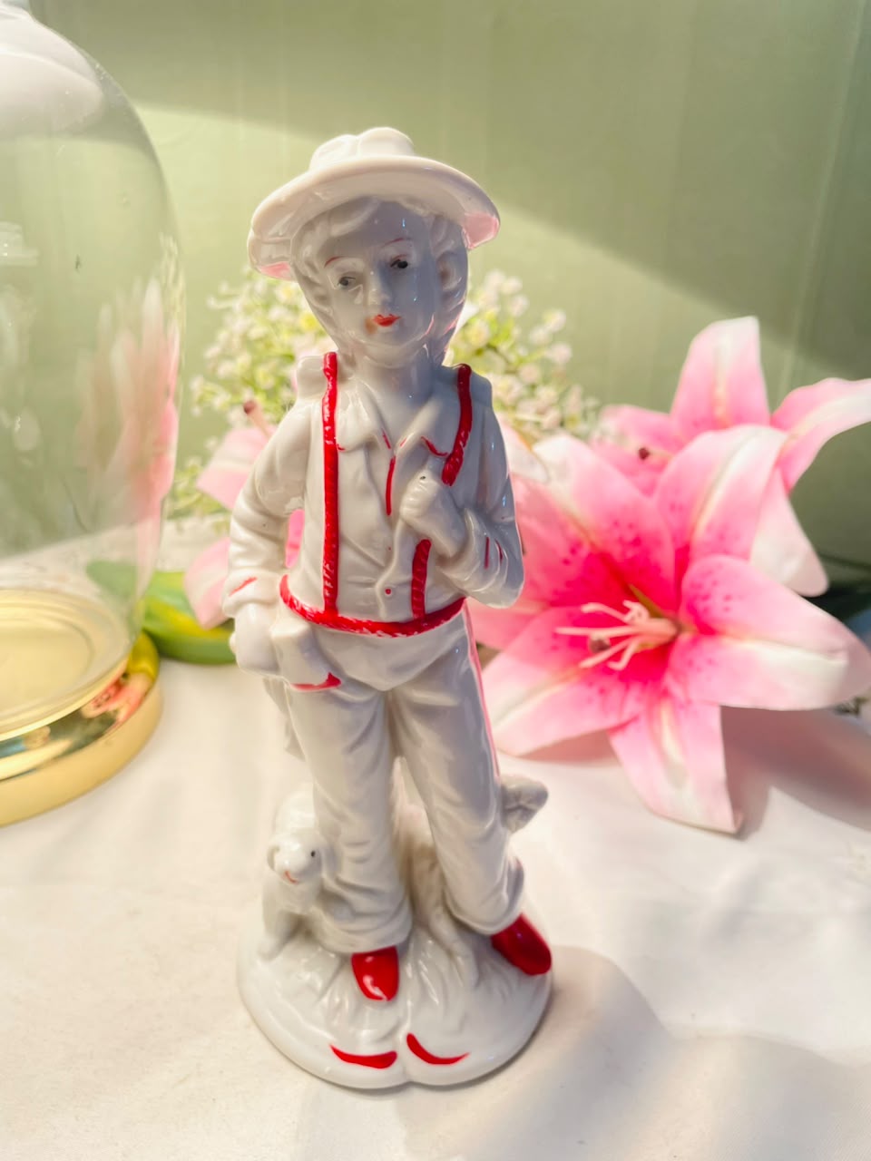 Boy with Dog Decorative Figurine White & Red Approx. 8 Inch