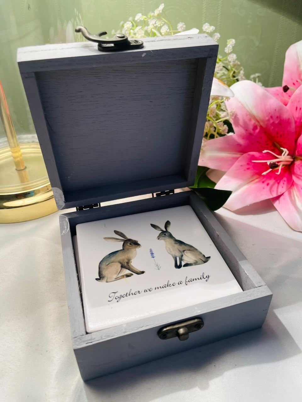 Rabbit Family Coaster Set with Grey Storage Box 5-Piece