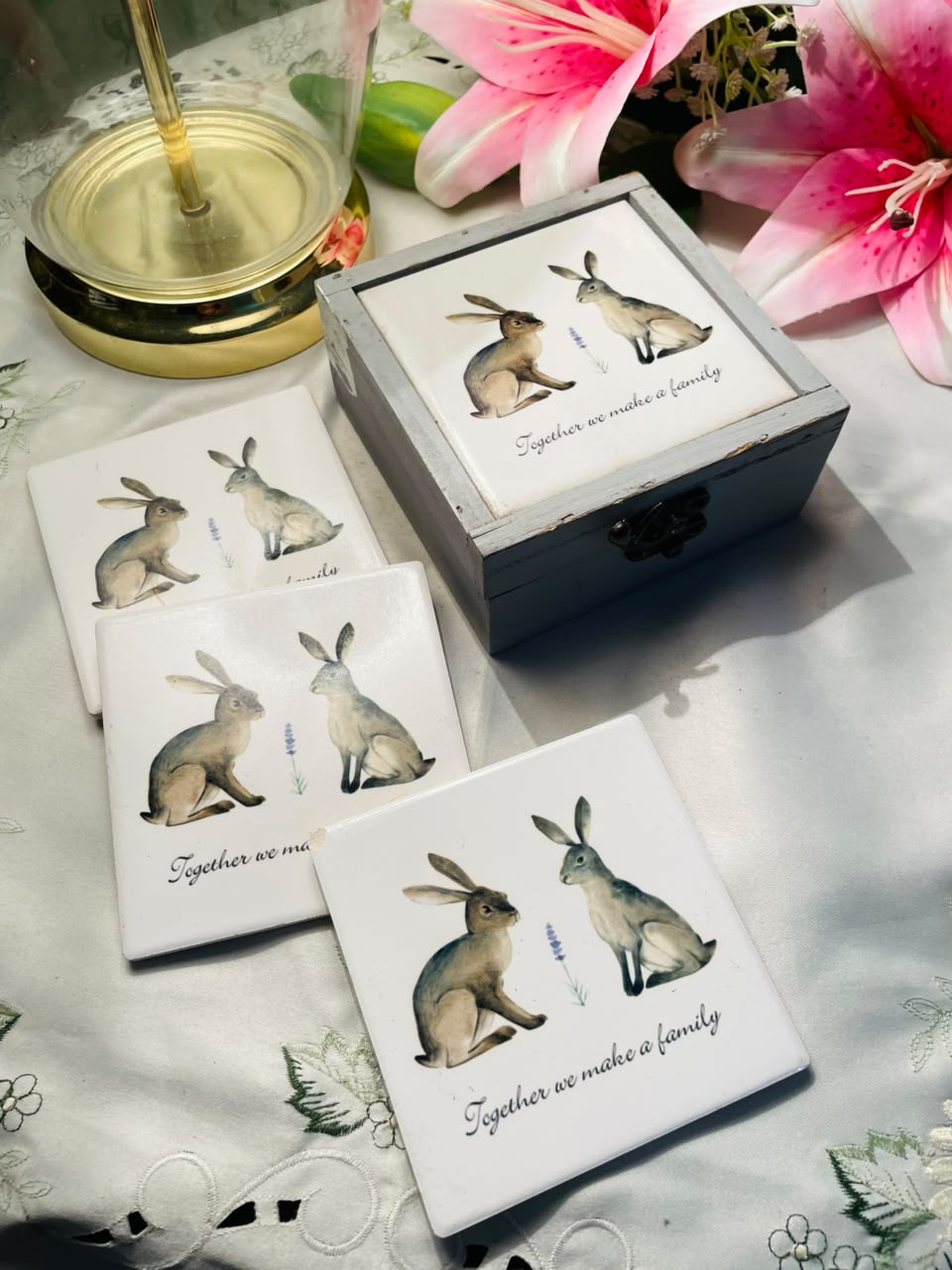Rabbit Family Coaster Set with Grey Storage Box 5-Piece