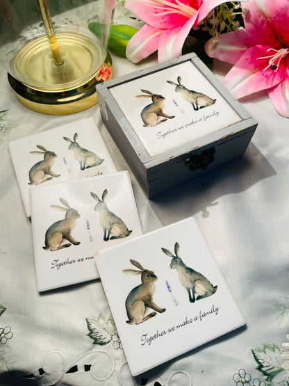 Rabbit Family Coaster Set with Grey Storage Box 5-Piece