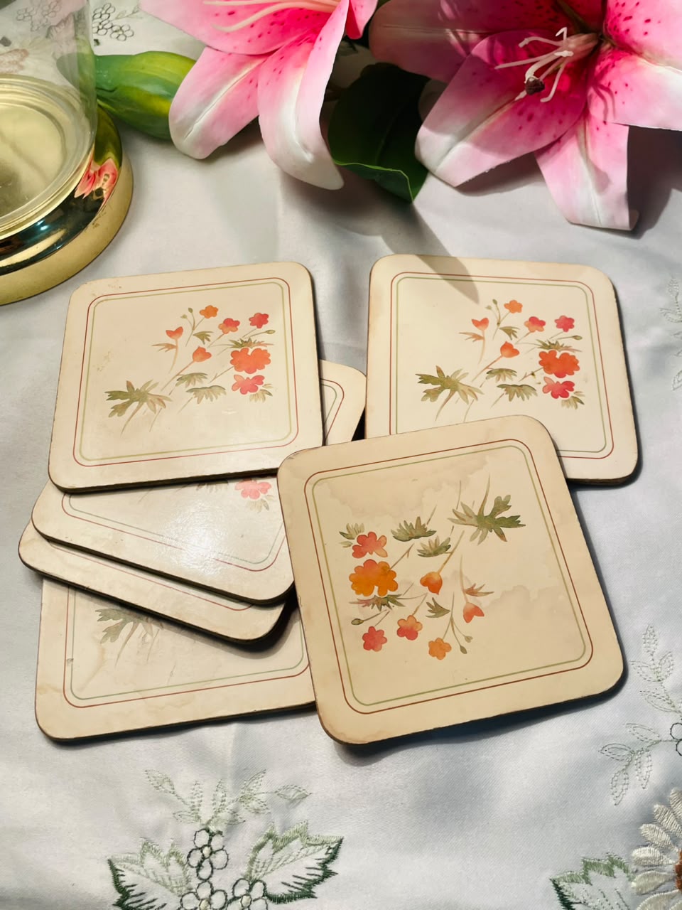 6-Piece Floral Cork-Backed Coaster Set Cream & Orange 4 Inch