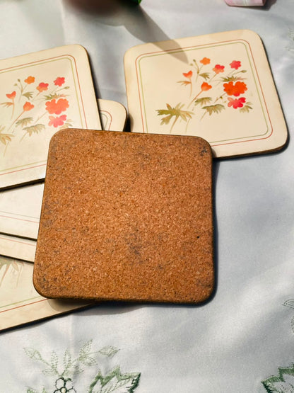 6-Piece Floral Cork-Backed Coaster Set Cream & Orange 4 Inch