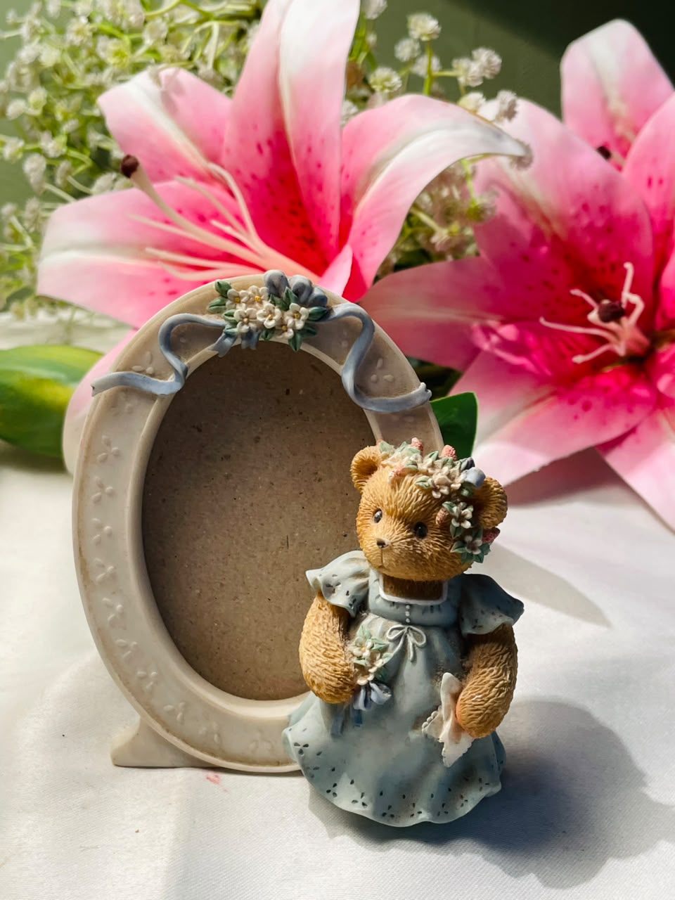 Teddy Bear Floral Oval Photo Frame Blue Approx. 4 Inch
