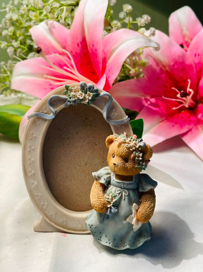 Teddy Bear Floral Oval Photo Frame Blue Approx. 4 Inch