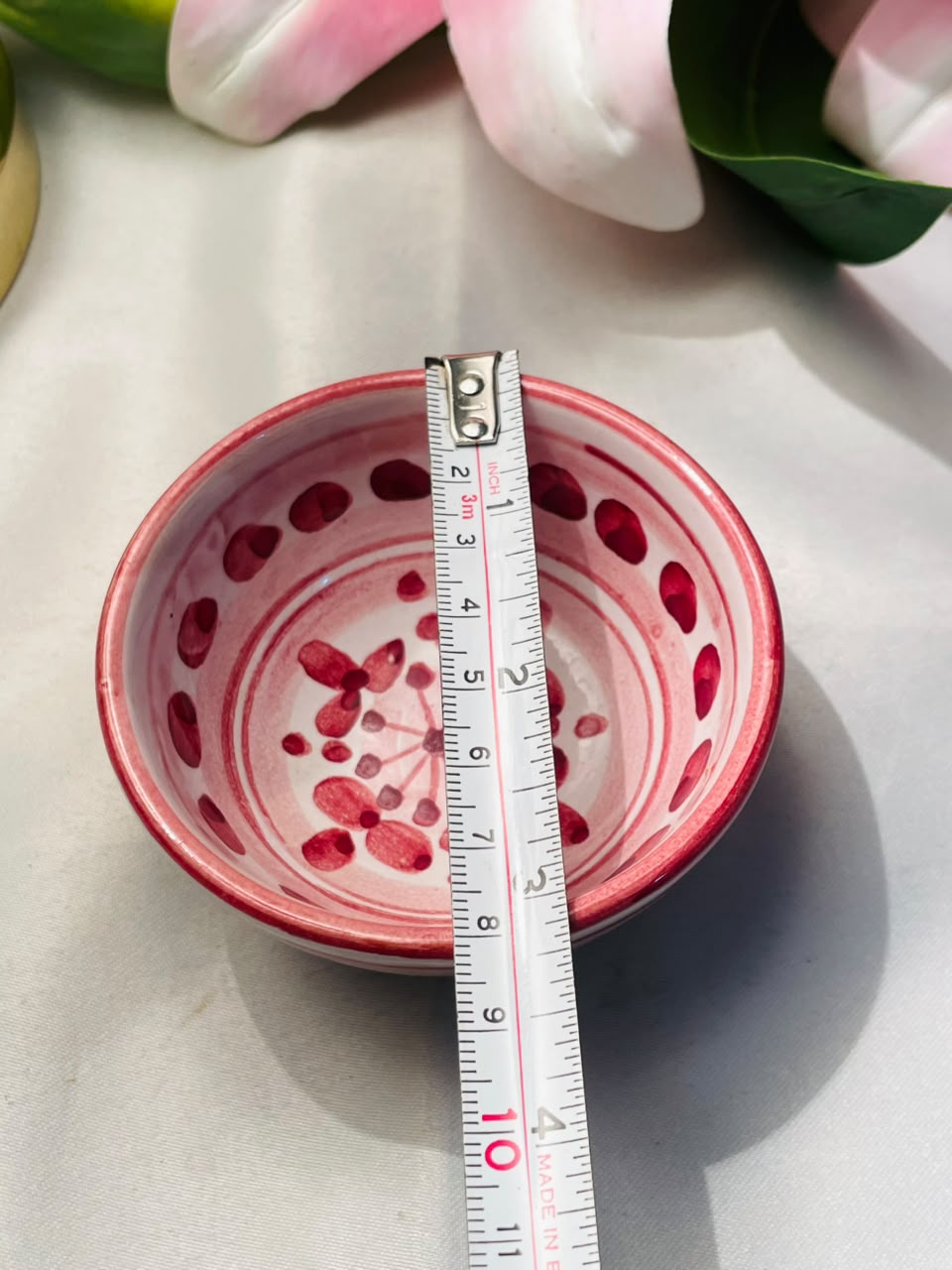 Red Floral Small Ceramic Bowl Approx. 3.5 Inch
