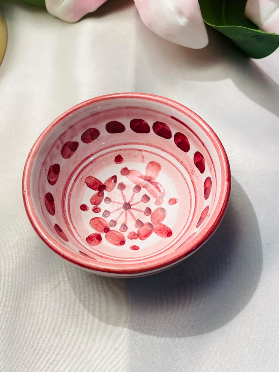 Red Floral Small Ceramic Bowl Approx. 3.5 Inch
