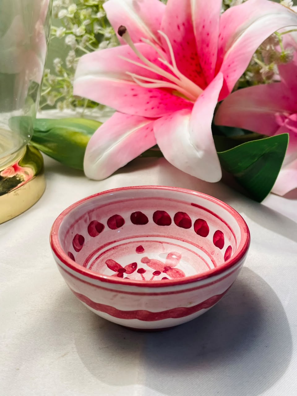 Red Floral Small Ceramic Bowl Approx. 3.5 Inch