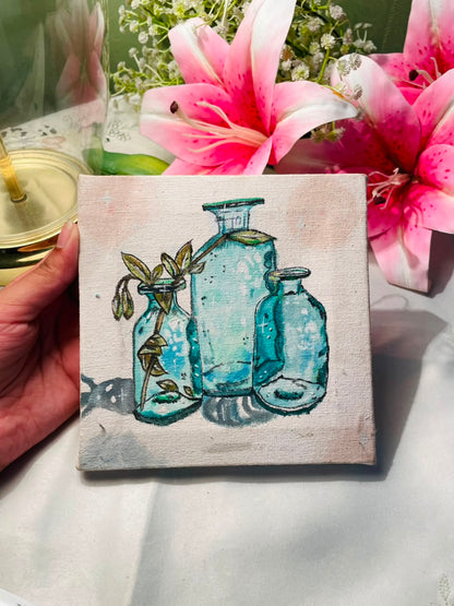 Turquoise Bottle Still-Life Painting on Canvas Approx. 6 Inch