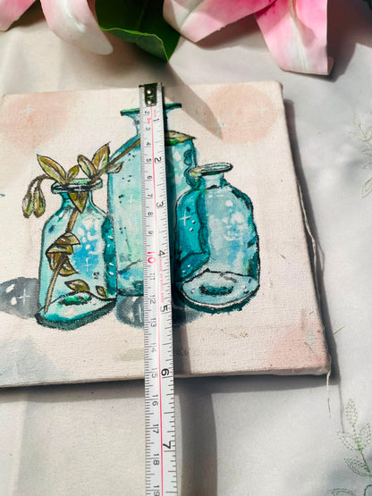 Turquoise Bottle Still-Life Painting on Canvas Approx. 6 Inch