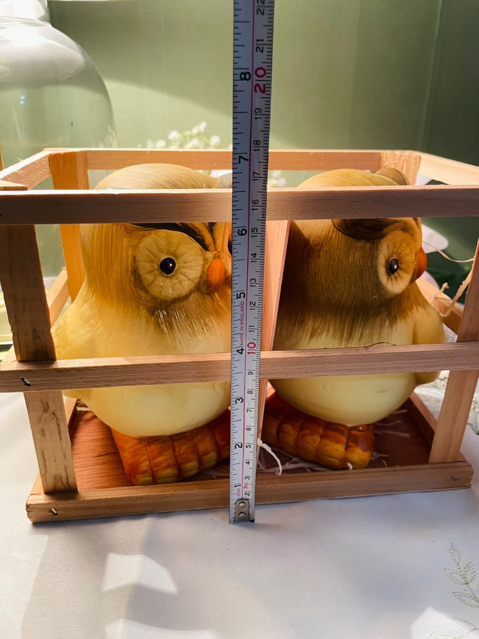 Pair of Owl Figurines with Wooden Display Crate Approx. 9 Inch Set