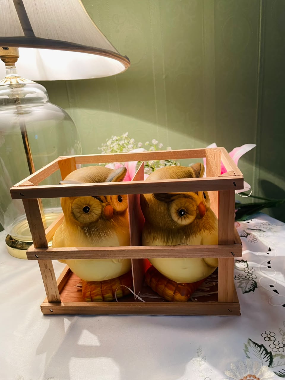 Pair of Owl Figurines with Wooden Display Crate Approx. 9 Inch Set