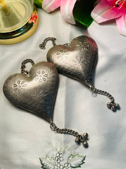 Vintage Silver-Tone Heart Ornaments Floral Embossed Pair