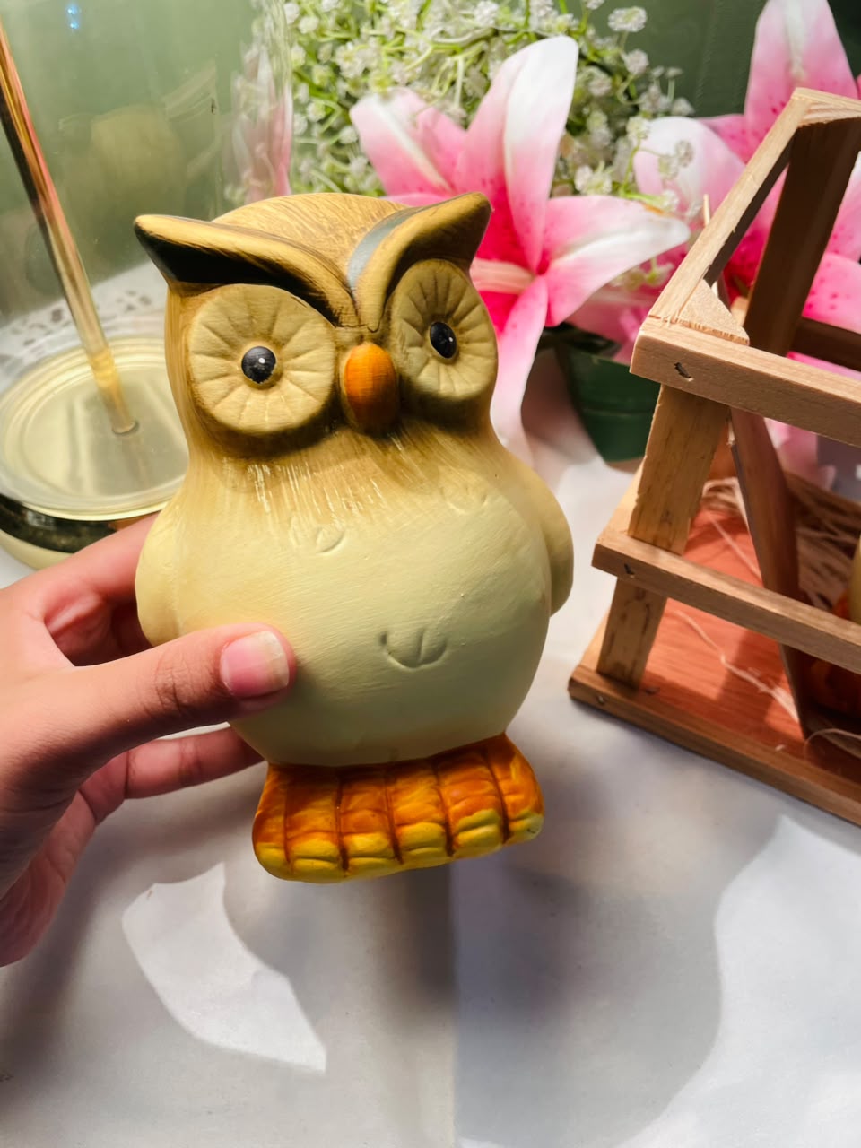 Pair of Owl Figurines with Wooden Display Crate Approx. 9 Inch Set